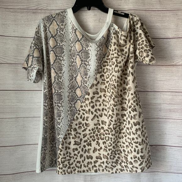 Bibi Leopard Snakeskin Printed Tee Color Block Cold Shoulder T-Shirt Size Large - Picture 1 of 11